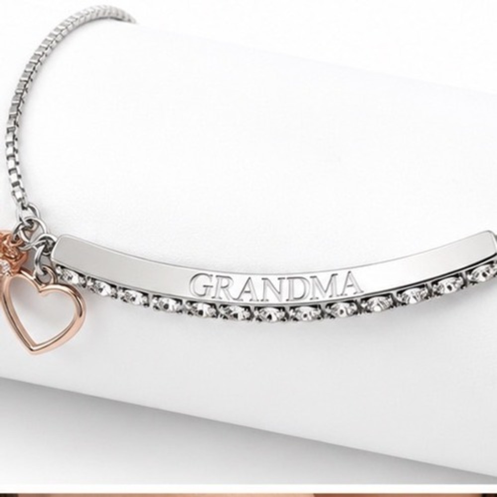 Grandma Crystal Bracelet Silver Rose Gold Tone Heart Charm Adjustable Box